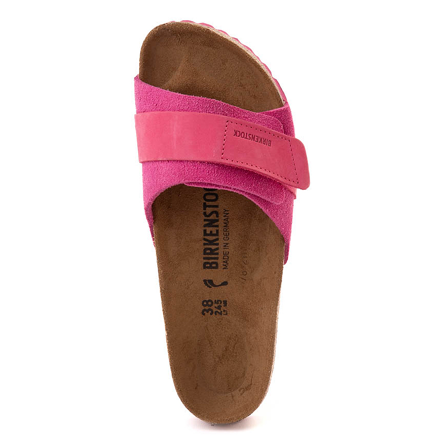 A pink single-strap Birkenstock sandal with a suede footbed.