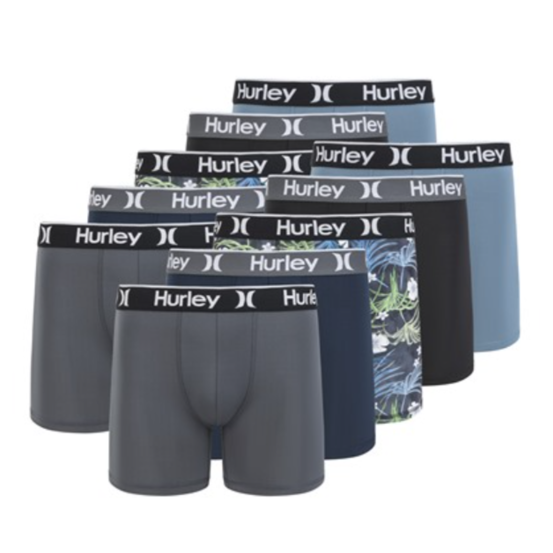A set of Hurley men's boxer briefs featuring various designs, including solid colors and tropical patterns, with a black waistband displaying the Hurley logo.