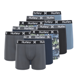 A set of Hurley men's boxer briefs featuring various designs, including solid colors and tropical patterns, with a black waistband displaying the Hurley logo.