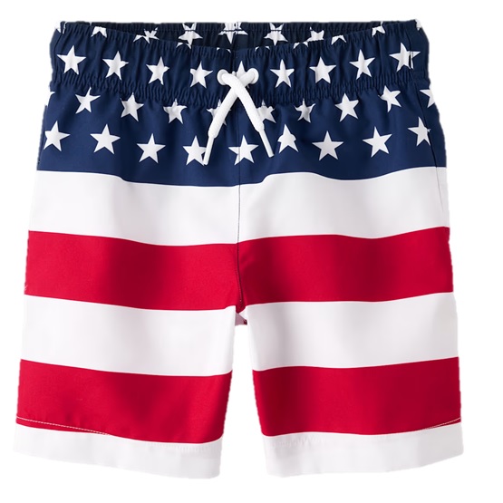 Swim shorts featuring a design inspired by the American flag, with blue and white stars on the waistband and red and white stripes below.