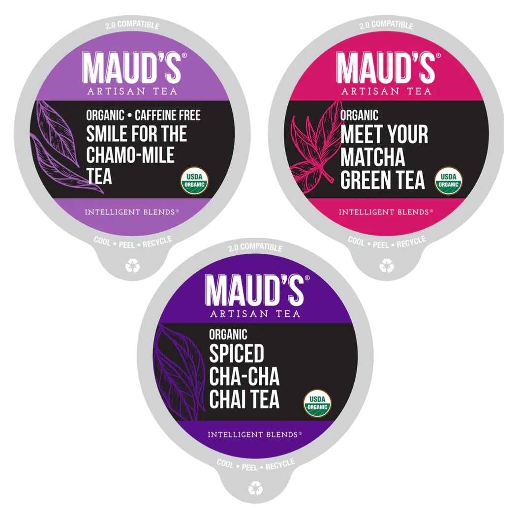 Maud's Artisan Tea variety pack: Organic Caffeine-Free Chamomile, Organic Matcha Green Tea, and Organic Spiced Chai Tea. USDA Organic, 2.0 compatible, and recyclable.
