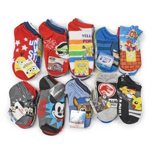 A collection of 20 pairs of kids' no-show socks featuring characters from popular franchises like Minions, Star Wars, SpongeBob, Super Mario, Mickey Mouse, PAW Patrol, Jurassic World, and Pokémon in vibrant colors and playful designs.