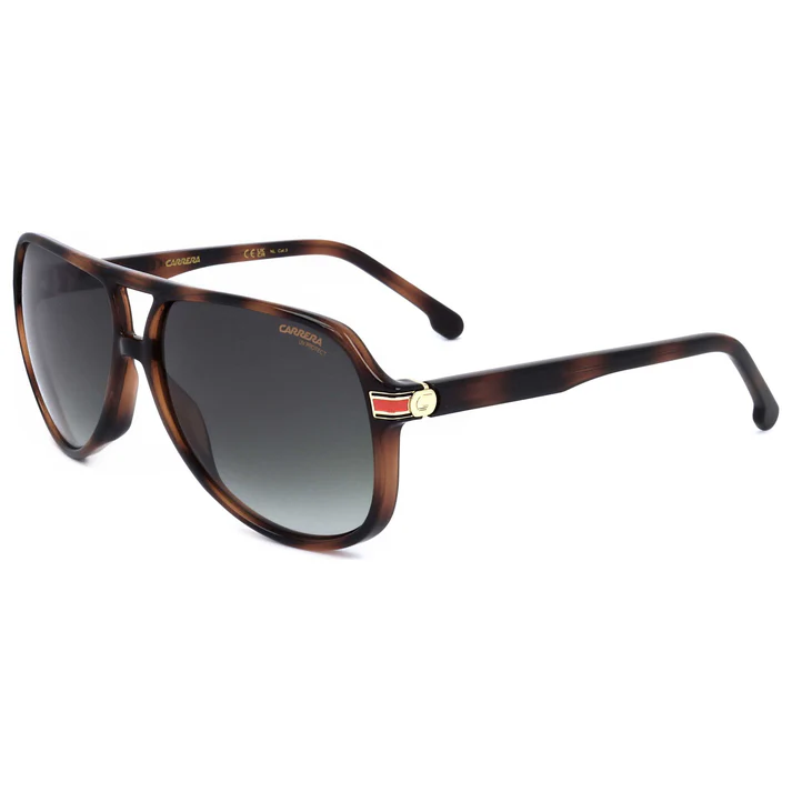 Brown aviator-style sunglasses with dark gradient lenses featuring the Carrera logo on the temples and red and white detailing near the hinges.