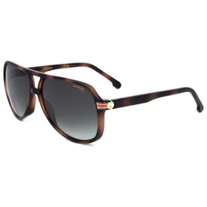 Brown aviator-style sunglasses with dark gradient lenses featuring the Carrera logo on the temples and red and white detailing near the hinges.