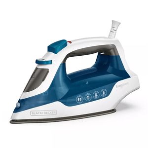 A Black & Decker steam iron with a sleek design featuring a white and blue color scheme, an ergonomic handle, and multiple fabric settings. It includes a steam burst function, anti-drip system, and a smooth soleplate for efficient ironing.
