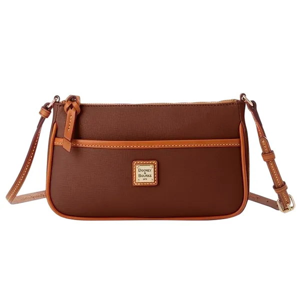 Brown crossbody bag with front pocket, tan leather trim, detachable strap, and logo label on front.