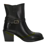 Black leather ankle boot with buckle strap detail and block heel.