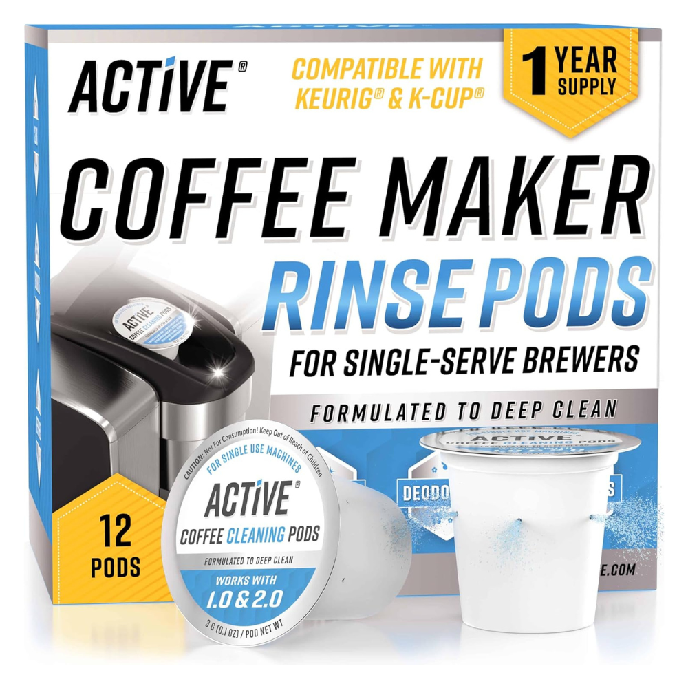 Active Coffee Maker Rinse Pods, compatible with Keurig and K-Cup single-serve brewers, contain 12 pods for a one-year supply and are formulated to deep clean.