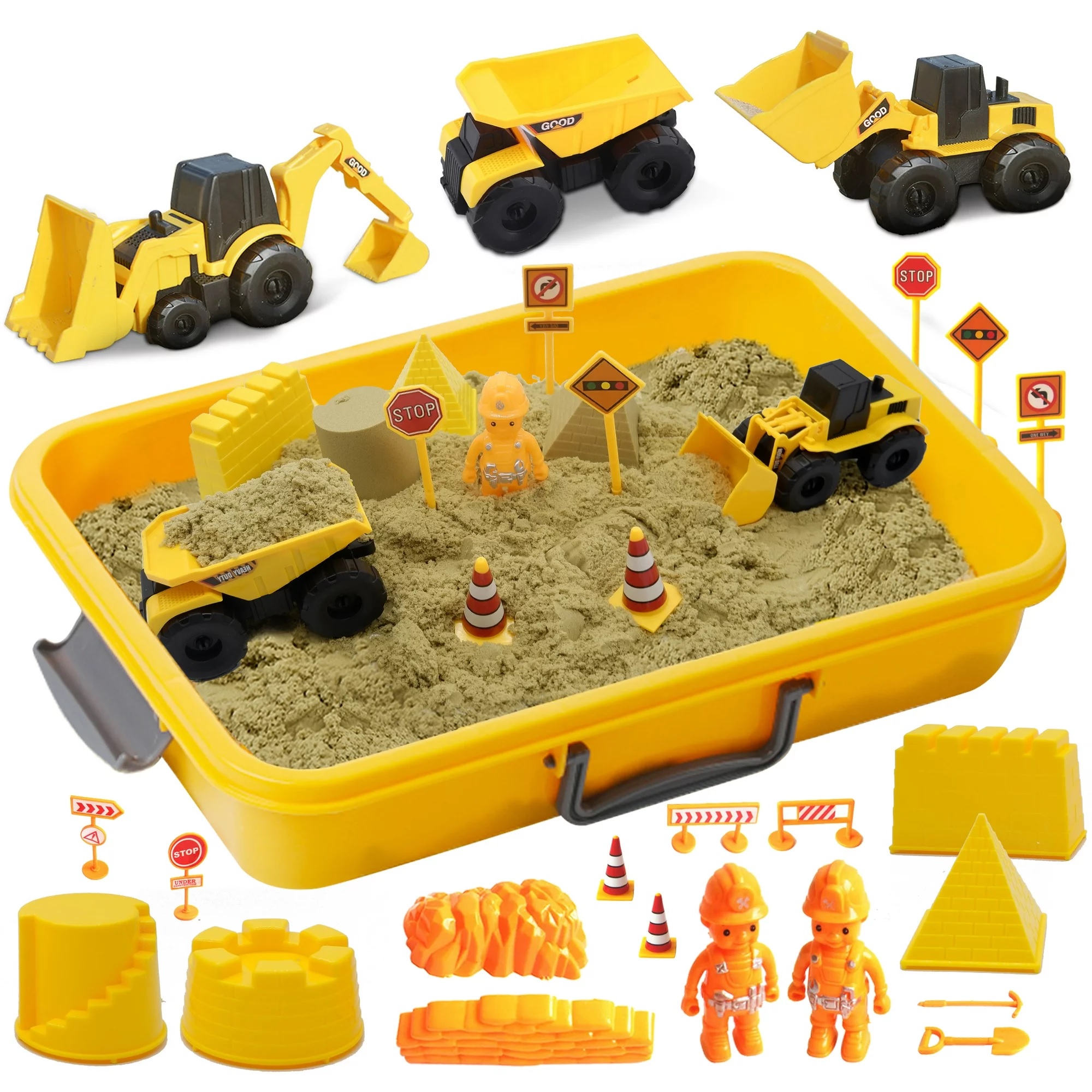 A set of children's construction toys with sand, including vehicles, signs, building molds, and figures.