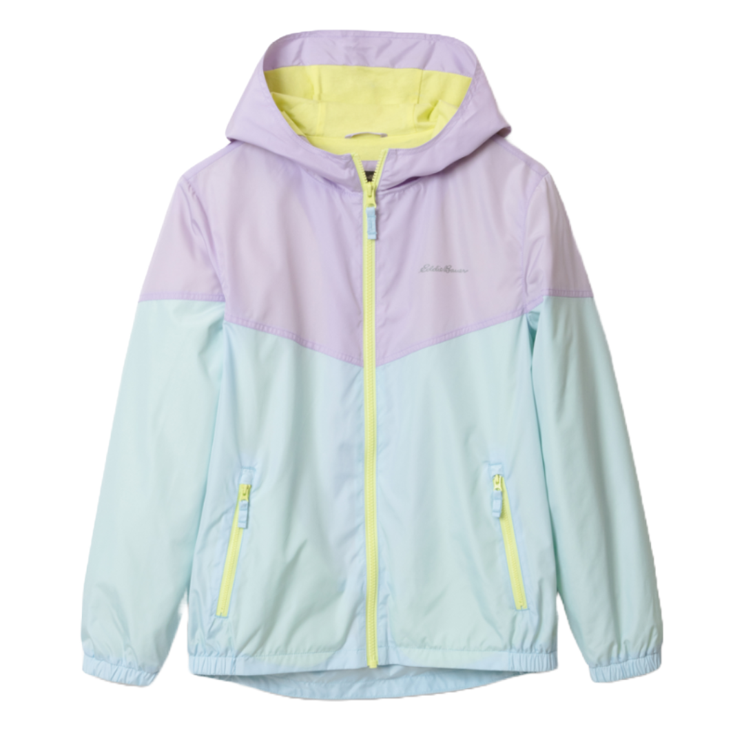 Eddie Bauer Kids Windy Ridge Jacket features a pastel color block design with a lilac hood and upper, light blue lower section, yellow lining, and trim. It has a full front zipper, two zippered pockets, and elastic cuffs for a snug fit.