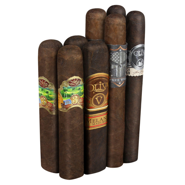 A selection of cigars with various labels, including Oliva Serie V Melanio Maduro, displayed upright, showcasing their dark brown wrappers and decorative bands.