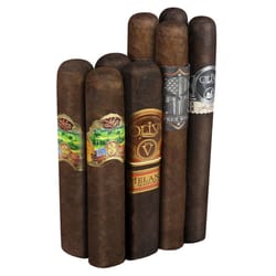 A selection of cigars with various labels, including Oliva Serie V Melanio Maduro, displayed upright, showcasing their dark brown wrappers and decorative bands.