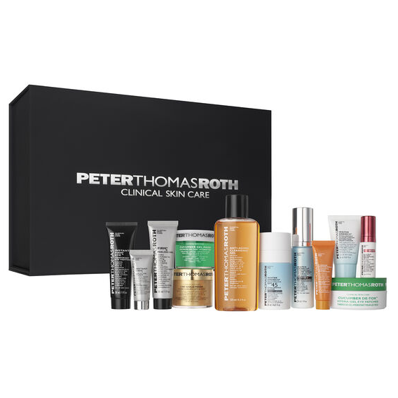 A collection of Peter Thomas Roth clinical skin care products are displayed, including various tubes and bottles for facial treatments.