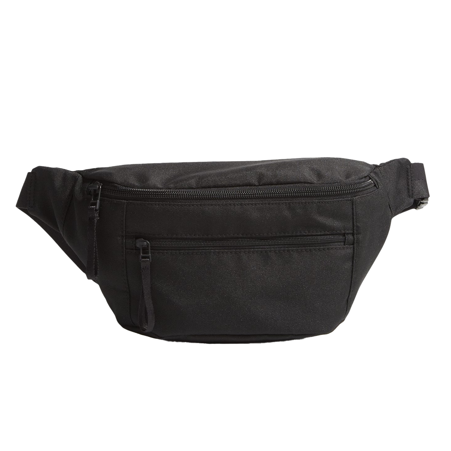 A black Vera Bradley belt bag with a minimalist design featuring two zippered compartments and an adjustable strap, suitable for carrying small essentials hands-free.