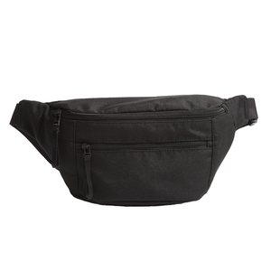 A black Vera Bradley belt bag with a minimalist design featuring two zippered compartments and an adjustable strap, suitable for carrying small essentials hands-free.