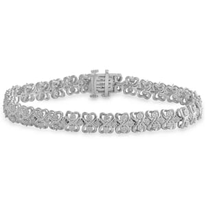 A silver bracelet featuring a pattern of interlocking heart shapes, each with a small diamond accent. The bracelet has a secure clasp closure and offers a delicate, elegant design.