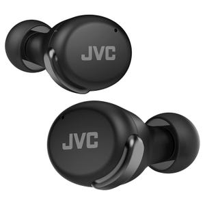 JVC noise-cancelling earbuds in black, featuring a compact, rounded design with \“JVC\“ branding. They include ear tips for a secure fit and are designed to reduce ambient noise.