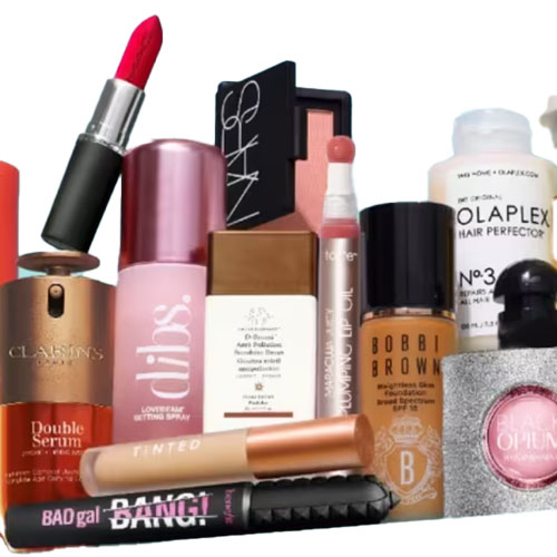 A collection of beauty products including lipstick, blush, mascara, foundation, serum, setting spray, and hair perfector from brands like NARS, MAC, Bobbi Brown, Olaplex, and more.