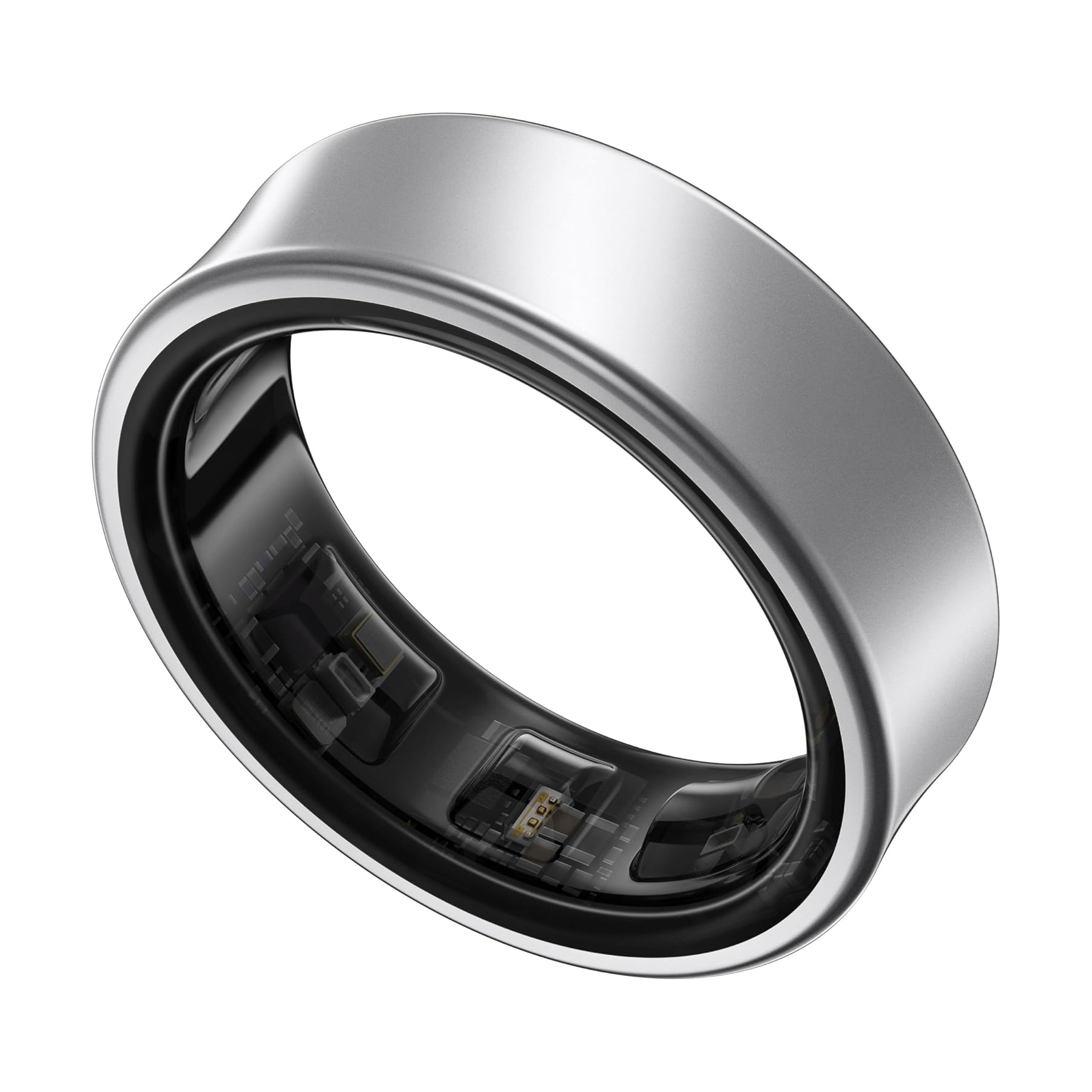 A sleek, silver smart ring with visible internal components, likely used for tracking health and fitness data.