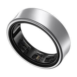 A sleek, silver smart ring with visible internal components, likely used for tracking health and fitness data.