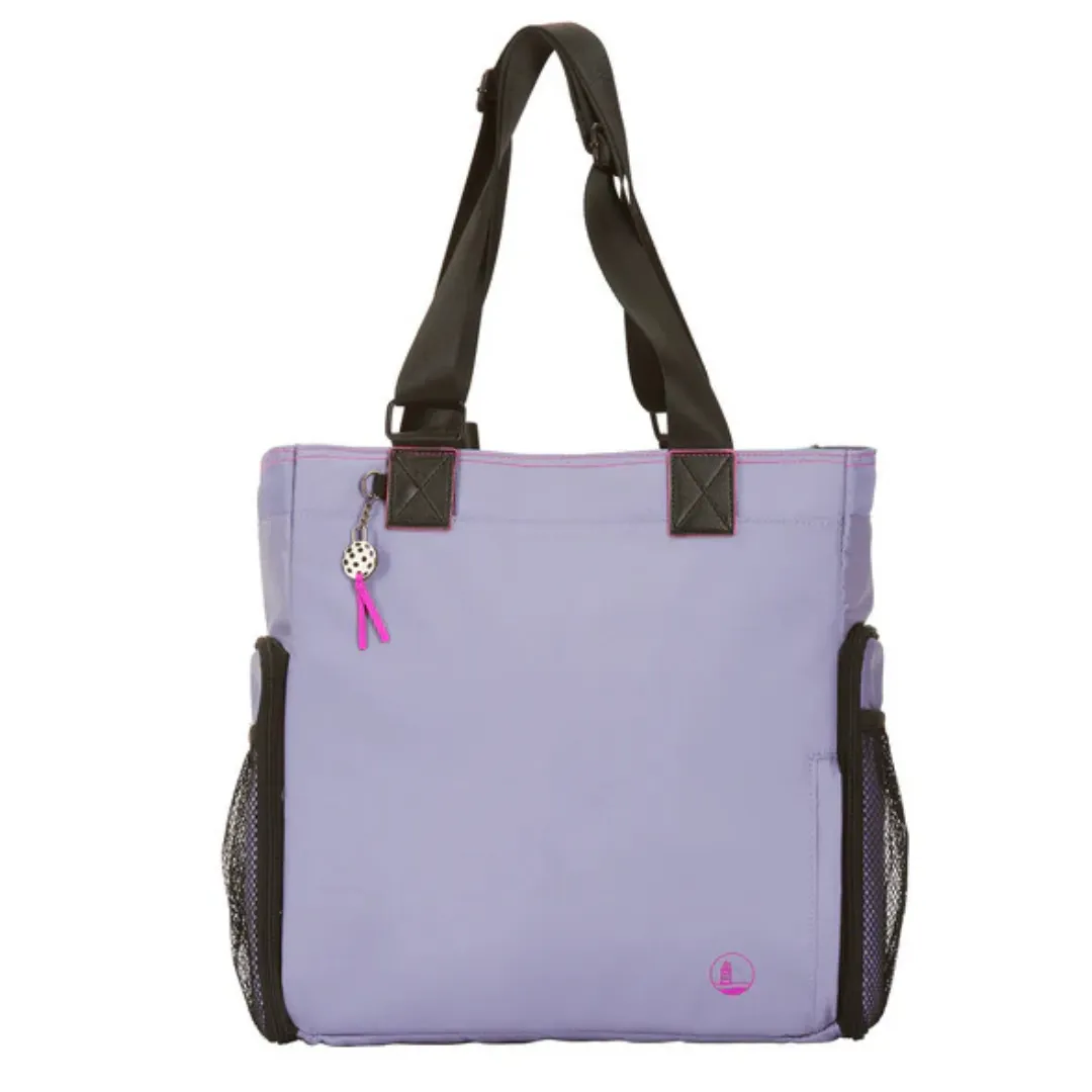 Lilac tote bag with black handles, featuring mesh side pockets and a dangling charm accessory.