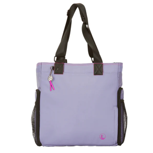 Lilac tote bag with black handles, featuring mesh side pockets and a dangling charm accessory.