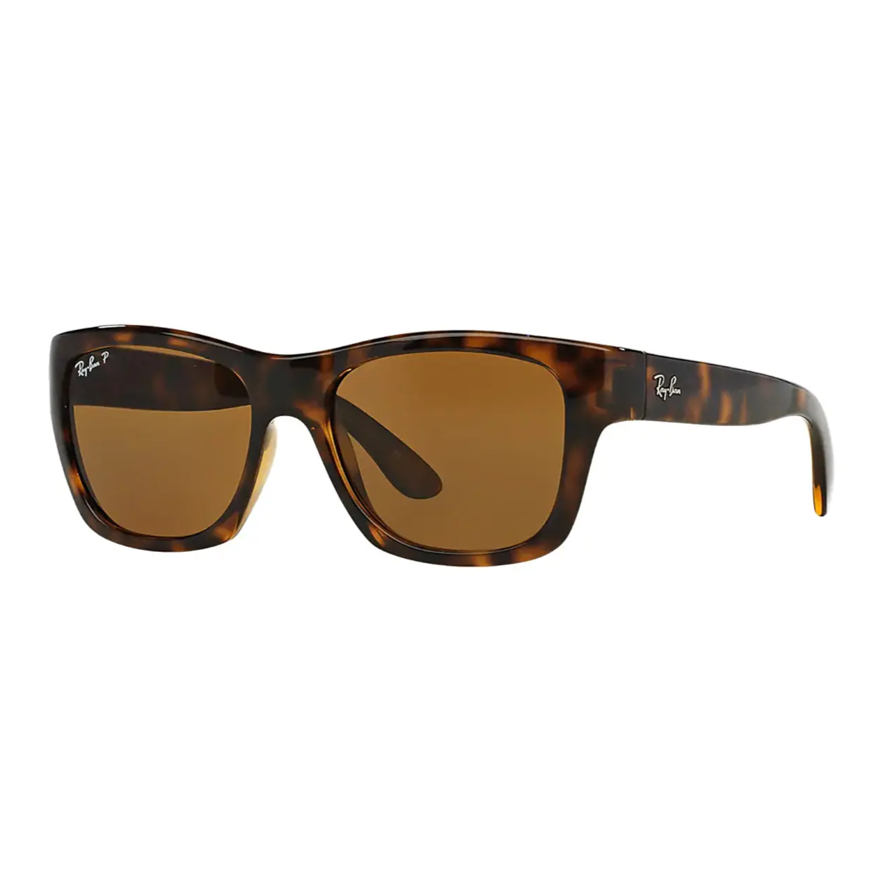 Tortoiseshell sunglasses with rectangular frames and brown polarized lenses, featuring a small logo on the lens and arm.