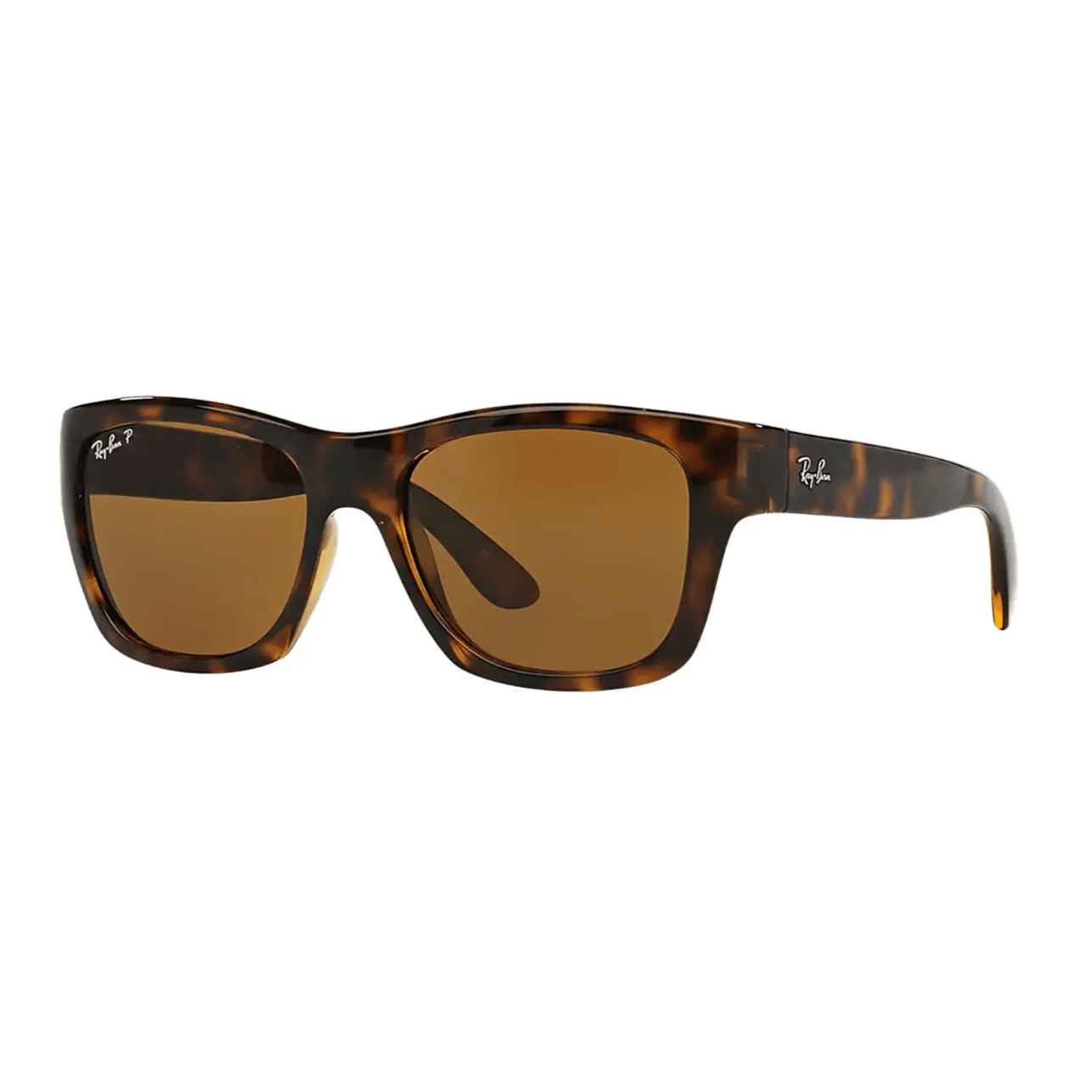 Tortoiseshell sunglasses with rectangular frames and brown polarized lenses, featuring a small logo on the lens and arm.