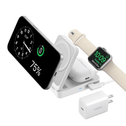 A wireless charging station for charging a smartphone, smartwatch, and wireless earbuds simultaneously, with an Anker power adapter included.
