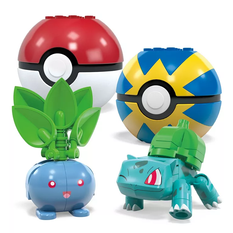 The 118-piece Pokémon Building Toy Kit features buildable figures of Oddish and Bulbasaur, along with red and yellow-blue Poké Balls for storage.