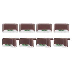 8-pack of solar deck lights with brown housings and clear bottoms, designed for outdoor use. They feature built-in solar panels for charging and can be used for illuminating decks, steps, or walkways.