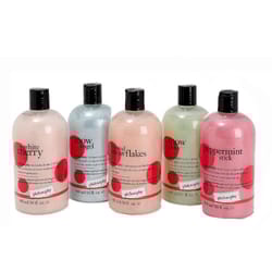 5pc Philosophy Holiday Shower Gel Set includes scents: White Cherry, Snow Angel, Shimmering Snowflakes, Snow Doll, and Peppermint Stick. Each bottle is 16 fl oz, featuring festive and colorful designs with black caps.