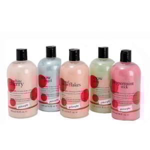 5pc Philosophy Holiday Shower Gel Set includes scents: White Cherry, Snow Angel, Shimmering Snowflakes, Snow Doll, and Peppermint Stick. Each bottle is 16 fl oz, featuring festive and colorful designs with black caps.