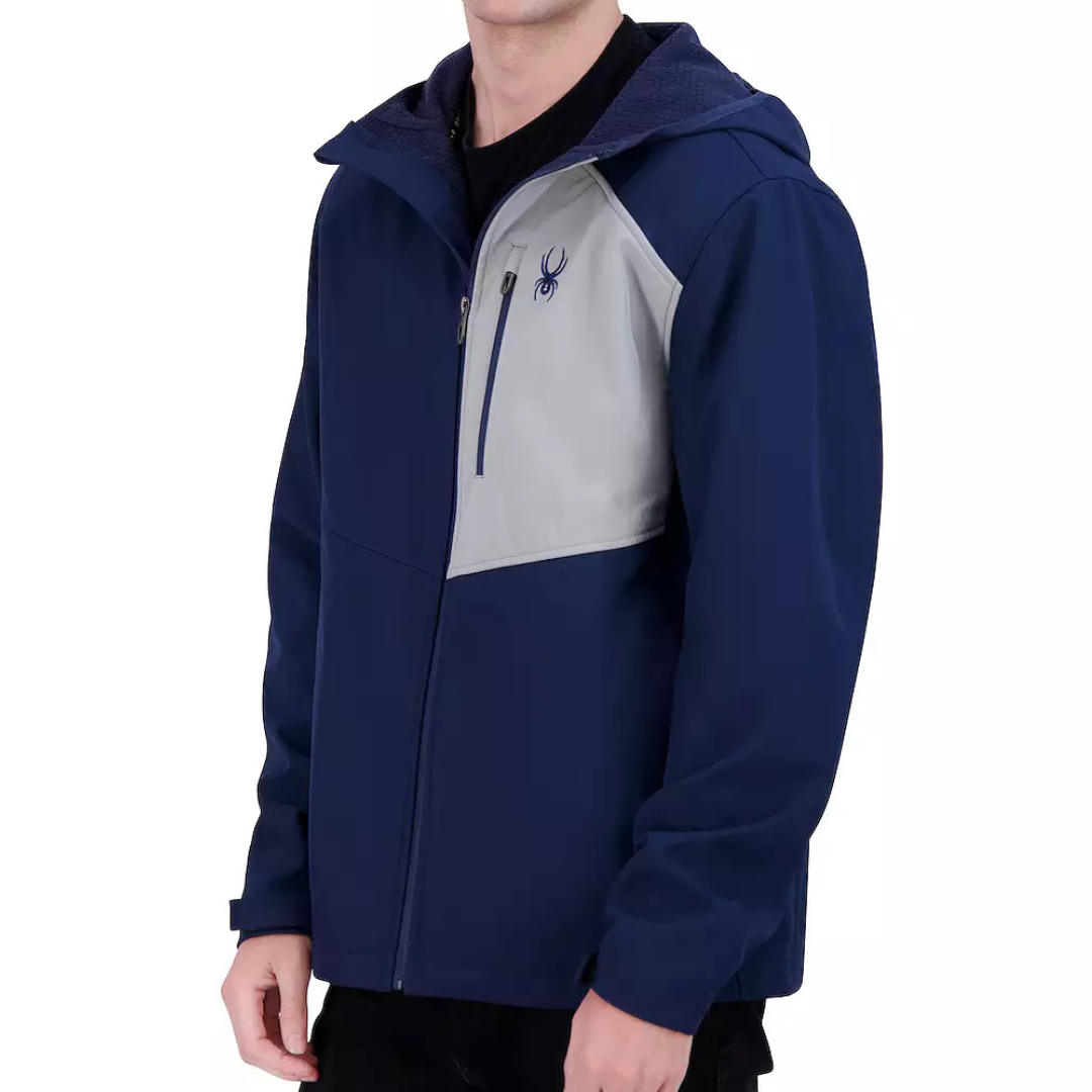 Men's Spyder Softshell Jacket, navy and grey, featuring a hood, front zip closure, zip chest pocket, and the Spyder logo on the chest.