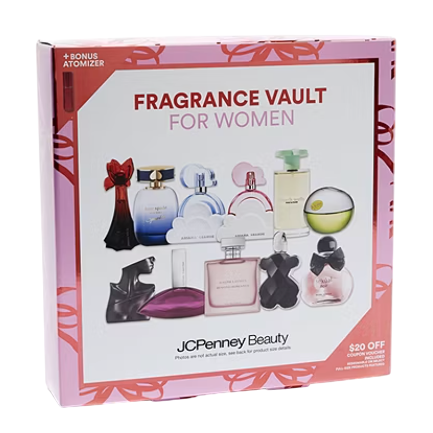 JCPenney Beauty Fragrance Vault for Women includes multiple perfumes with a bonus atomizer. The set also offers a $20 off coupon voucher.