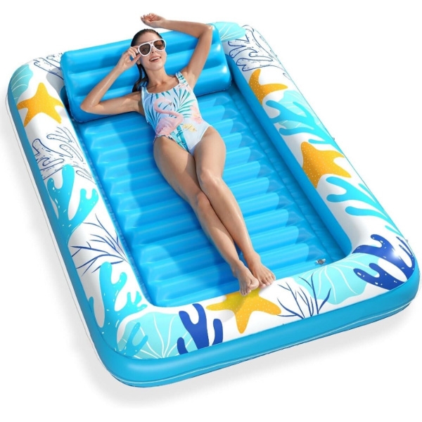 Inflatable pool float lounger with a vibrant sea-themed design, including starfish and ocean waves, featuring an inbuilt backrest and ribbed seating area for comfort, predominantly in blue and white colors.