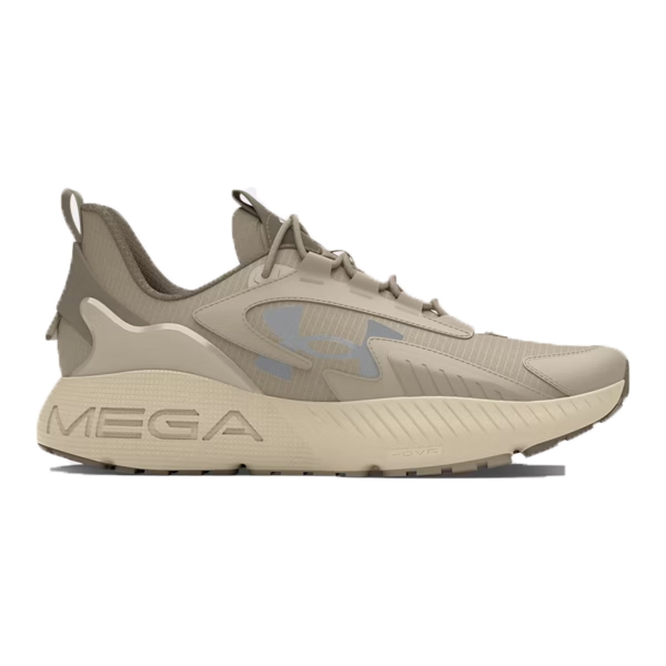 UA HOVR Sportstyle Shoes feature a beige design with a chunky \“MEGA\“ branded sole, sleek upper, and lace-up closure, providing a modern and comfortable look.