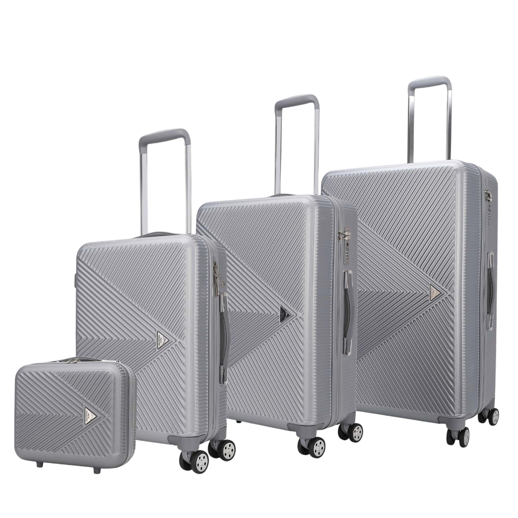 A set of four silver suitcases with textured geometric patterns, including one small case and three larger ones with telescopic handles and four wheels each.