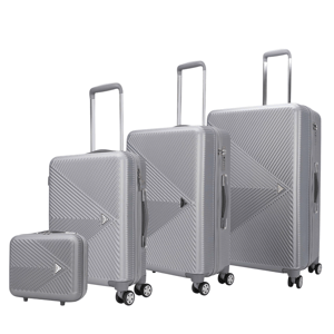 A set of four silver suitcases with textured geometric patterns, including one small case and three larger ones with telescopic handles and four wheels each.