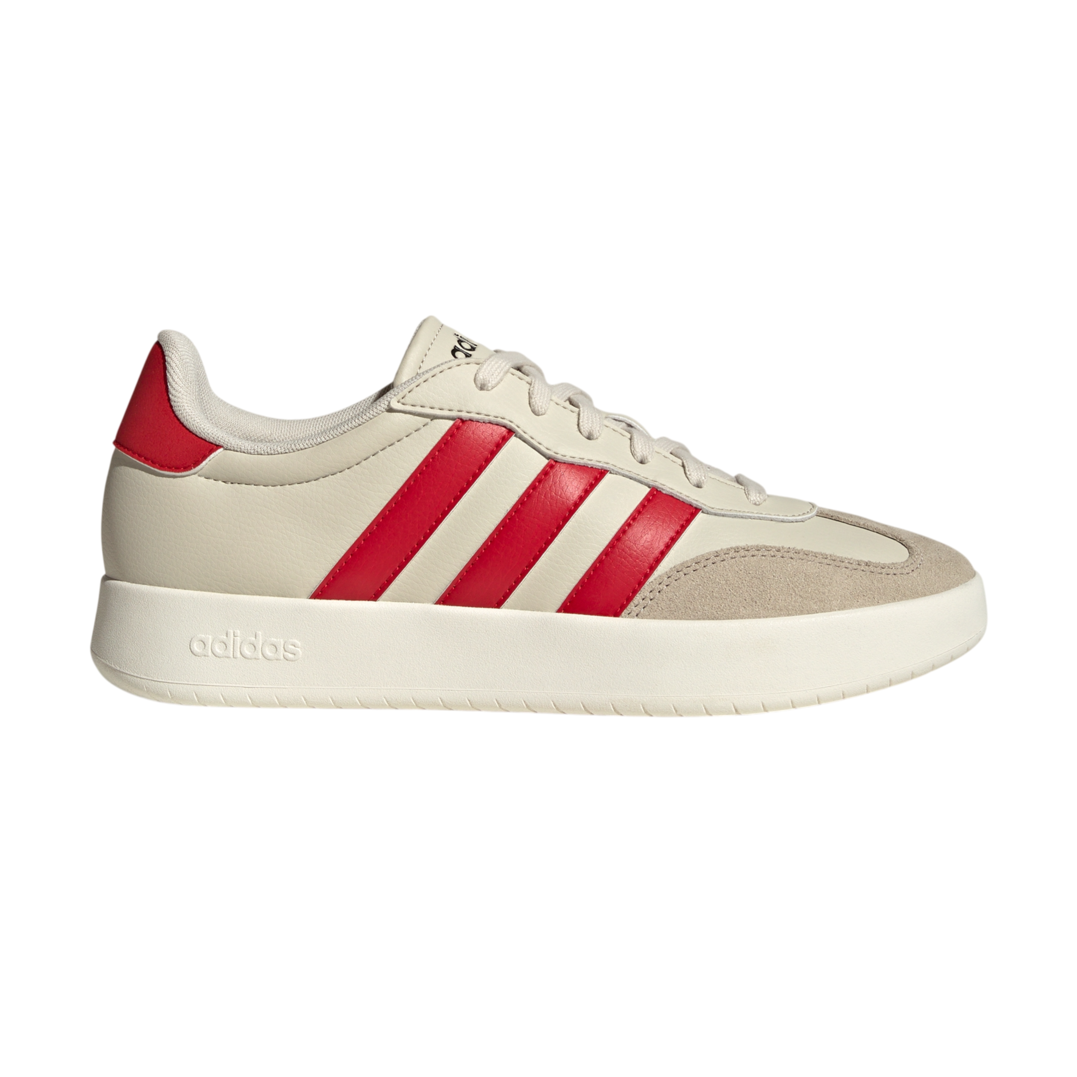 Adidas sneaker with red stripes on a beige background, featuring a classic low-top design and a white sole.
