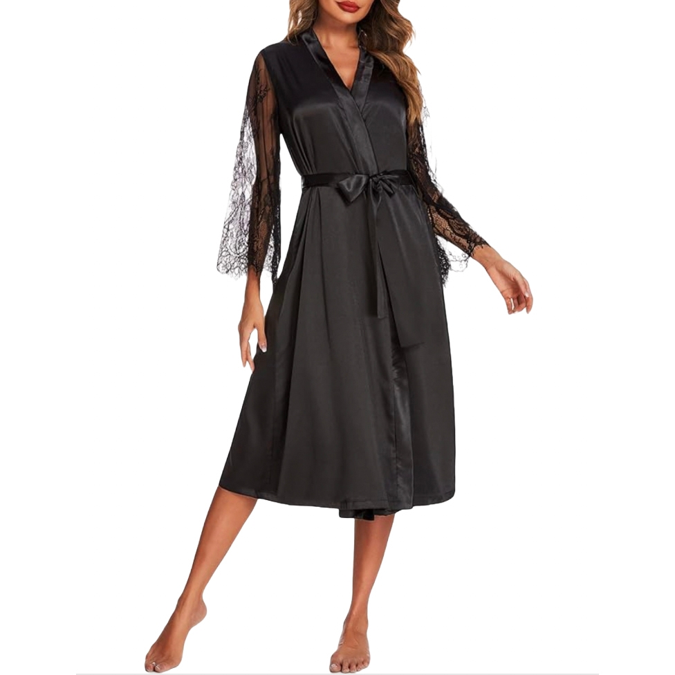 A black satin robe with lace sleeves and a waist tie.