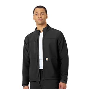 A man wearing a black zip-up jacket with a stand-up collar and front pockets.