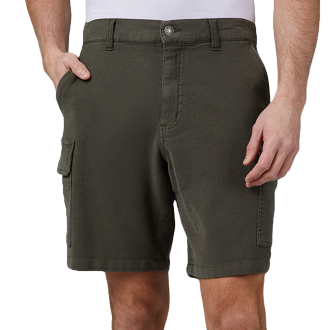 Dark green cargo shorts with side pockets, belt loops, and a button closure, worn by a person in a white shirt.
