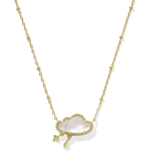 A gold short pendant necklace featuring a cloud-shaped design with a mother-of-pearl inlay, bordered by small gemstones. It has a chain with evenly spaced bead accents and a small dangling charm shaped like a raindrop and a square.