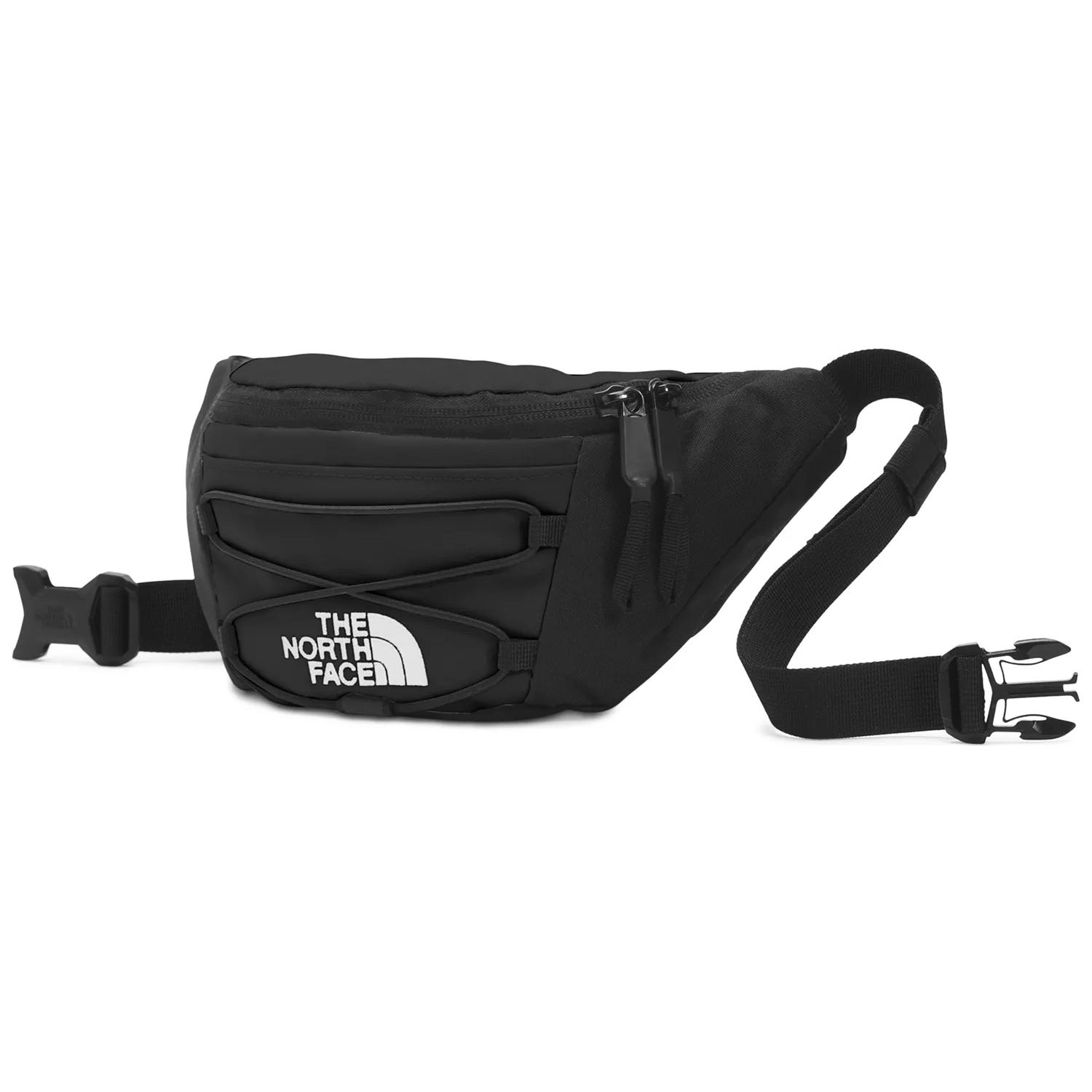 Black waist bag with adjustable strap and buckle, featuring \“The North Face\“ logo, multiple zippered compartments, and a sleek design.