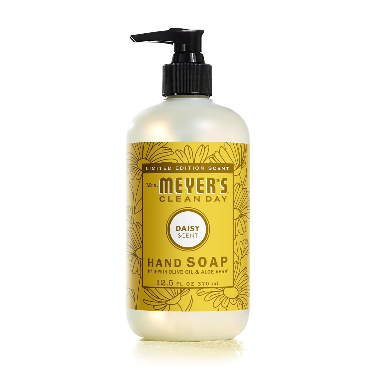 Mrs. Meyer's Clean Day hand soap, limited edition Daisy scent, made with olive oil and aloe vera, 12.5 fl oz (370 mL).
