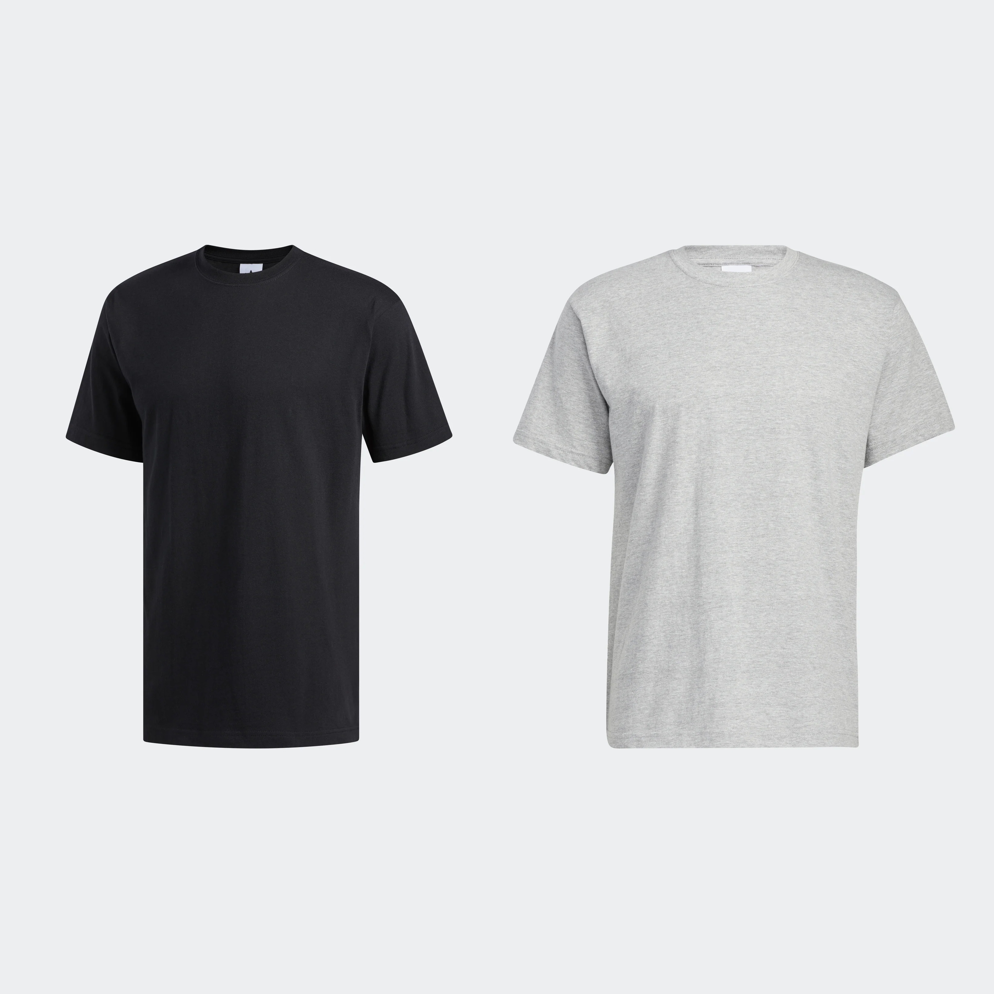 Two basic crew neck T-shirts, one in black and the other in heather gray.
