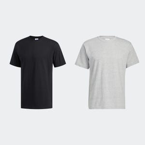 Two basic crew neck T-shirts, one in black and the other in heather gray.