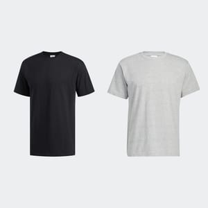 Two basic crew neck T-shirts, one in black and the other in heather gray.