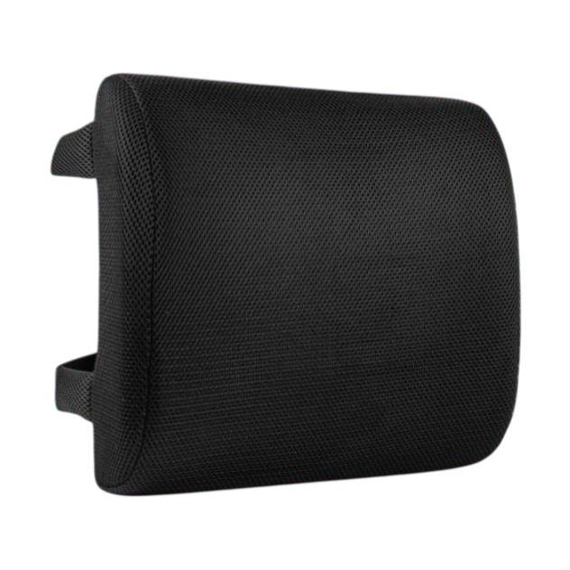 Black lumbar support pillow with dimensions: 13\“ x 12.6\“ x 4\“.